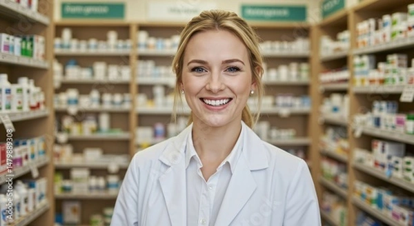 Obraz A Professional Female Pharmacist Smiling Confidently in a Brightly Lit Pharmacy Surrounded by Shelves of Medication and Health Products