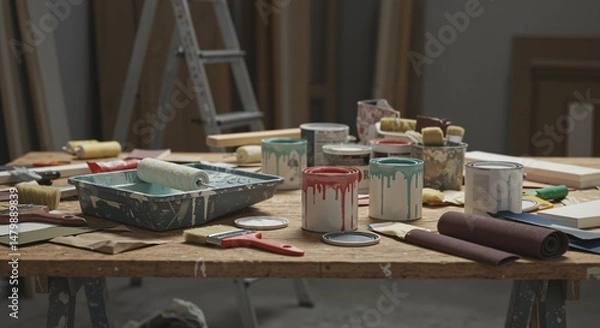 Obraz A Colorful Array of Paint Supplies and Tools on a Workshop Table in a Brightly Lit Interior Space for a Creative Painting Project