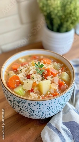 Obraz A Wholesome Vegetable Soup with Colorful Ingredients Served in a Decorative Bowl, Perfect for a Cozy Meal or Health-Conscious Lifestyle