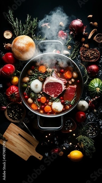 Obraz A Delicious Gourmet Soup Preparation Scene Featuring Fresh Vegetables, Aromatic Herbs, and Tender Meat Simmering in a Pot Against a Dark Background