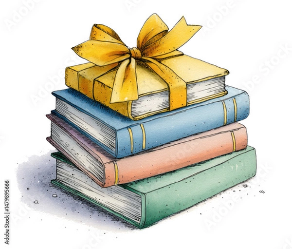 Obraz 
A cute cartoon drawing of a stack of books tied with a ribbon, on a white background.