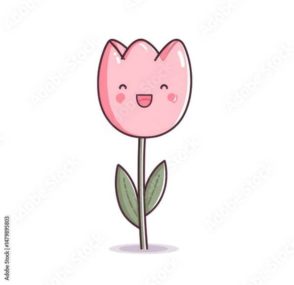 Obraz 
A cute cartoon tulip, vector illustration with simple lines and flat colors on a white background, in a cute doodle style, simple design, a pink flower