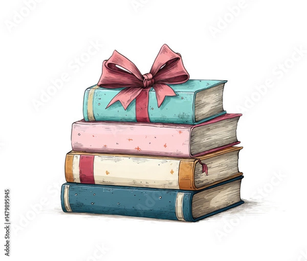 Obraz A cute cartoon drawing of a stack of books tied with a ribbon