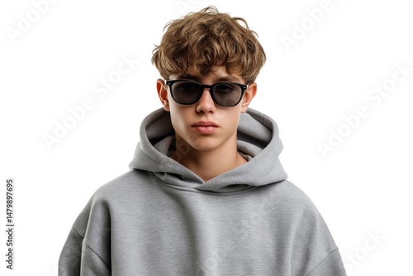 Fototapeta young person wearing sunglasses and hooded sweatshirt isolated on white background