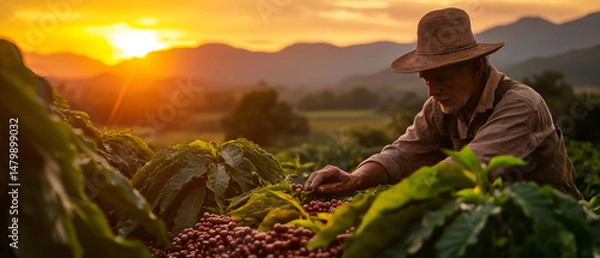 Obraz AI generator image of Farmers are collecting coffee beans, coffee plantation, farmers collecting Arabica coffee beans on the coffee tree