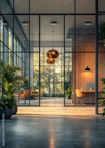 Obraz corporate workplace with glass walls and modern furniture, digital workspace