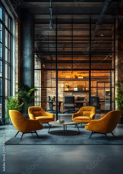 Obraz corporate workplace with glass walls and modern furniture, digital workspace