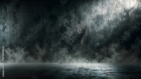 Fototapeta The Dark Atmosphere of a Smoky Room Enhanced by a Dramatic Fog and Subtle Mist Effect on a Black Background.