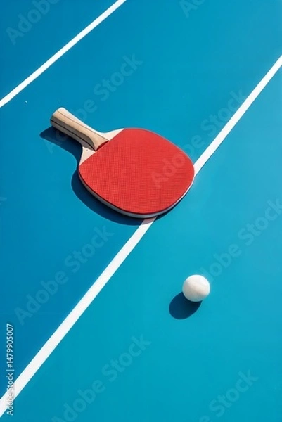 Fototapeta Red table tennis paddle and white ball on vibrant blue background, minimalist sports concept