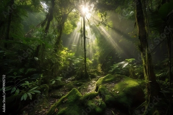 Obraz Sunbeams in Lush Rainforest.