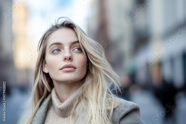 Fototapeta Blonde woman wearing a turtleneck walking in the city