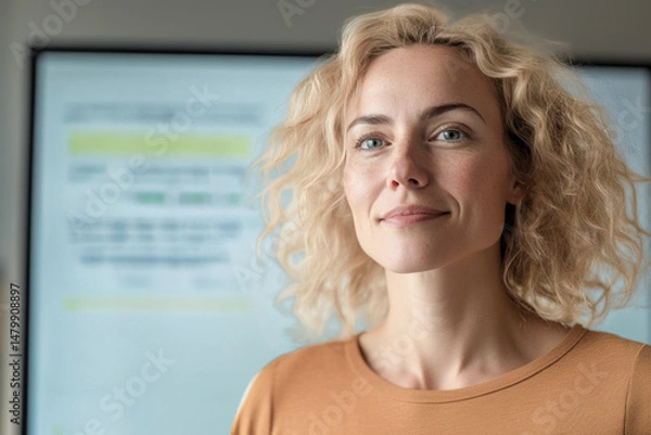 Fototapeta Confident project manager smiling in front of gantt chart displayed on screen