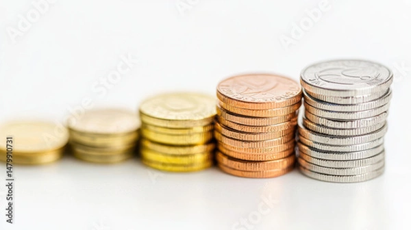 Fototapeta Collection of coins arranged in gradient, showcasing various colors and sizes, symbolizing currency and value