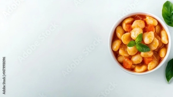 Obraz Brightly lit bowl of chickpeas cooked in tomato sauce garnished with fresh green basil leaves on white background with space for text or design