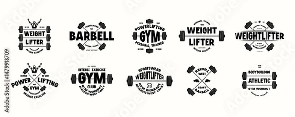 Obraz Set of emblems on gym, workout, bodybuilding, powerlifting theme. Graphic design for t-shirt. Black print on white background