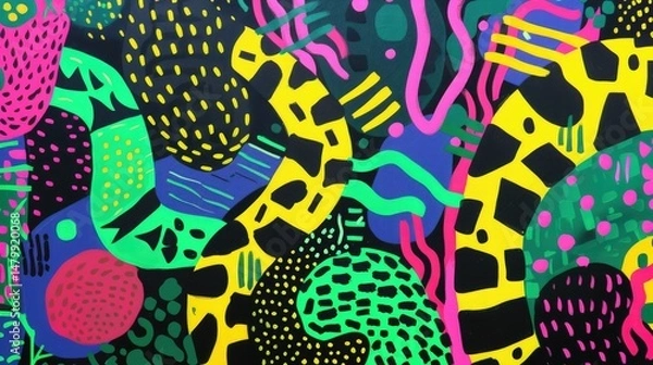 Fototapeta Vibrant colorful artistic abstract pattern with neon shapes and geometric elements on black background