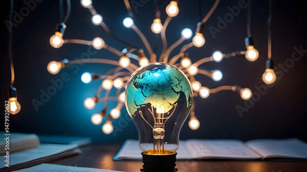 Fototapeta World map on light bulb. Save the world, Light bulb with globe on it.