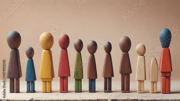 Fototapeta Colorful  Wooden figure peg dolls. creative thinking and human resources, Recruitment employee concept  AI generated image, ai