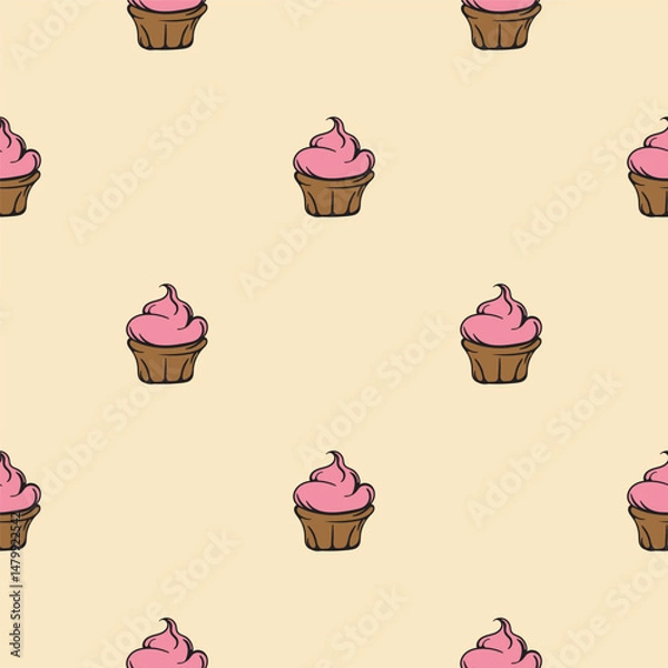 Obraz Cake with pink cream. Sweets and baked goods. Seamless pattern for wrapping paper, background, textile. Vector illustration for print, sticker, icon.
