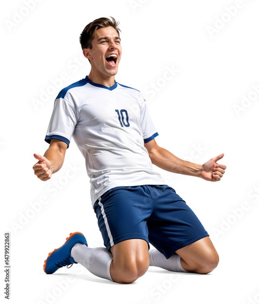Fototapeta Excited soccer player celebrating his goal while sliding on his knee