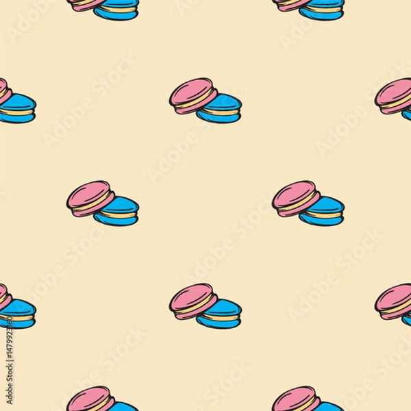 Obraz Macarons. Sweets. Seamless pattern for wrapping paper, background, textile. Vector illustration for print, sticker, icon.