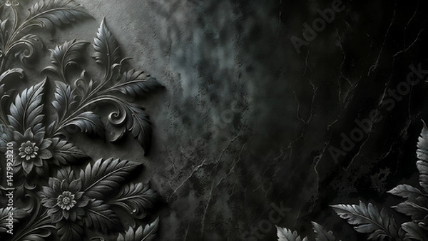 Obraz Leaves, flowers on black wall, black background.