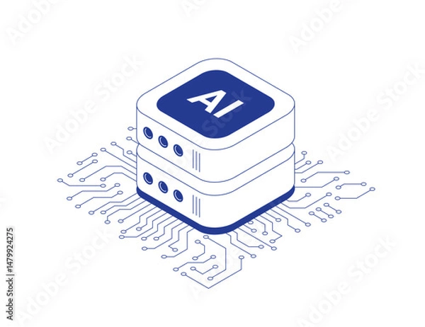 Fototapeta Artificial intelligence cloud server with circuit board tracks and data flows showing information processing in isometric line contour vector illustration.