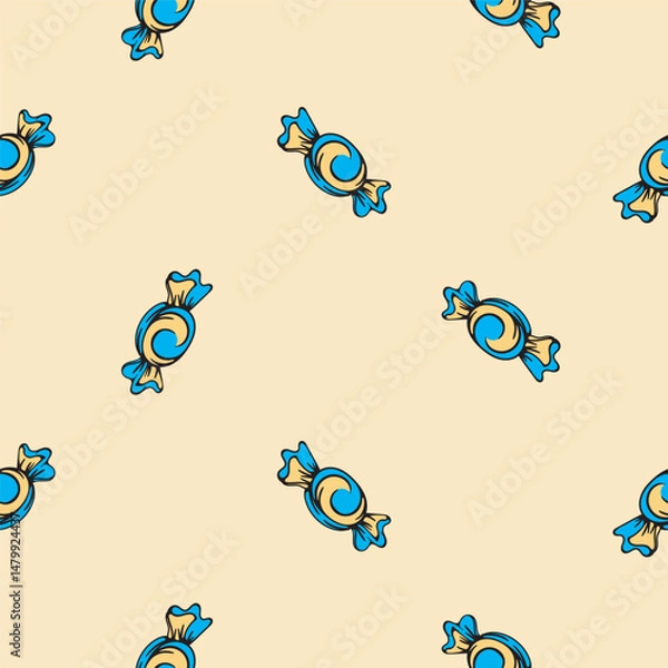 Obraz Candy in a wrapper. Caramel. Lollipop. Seamless pattern for wrapping paper, background, textile. Vector illustration for print, sticker, icon.