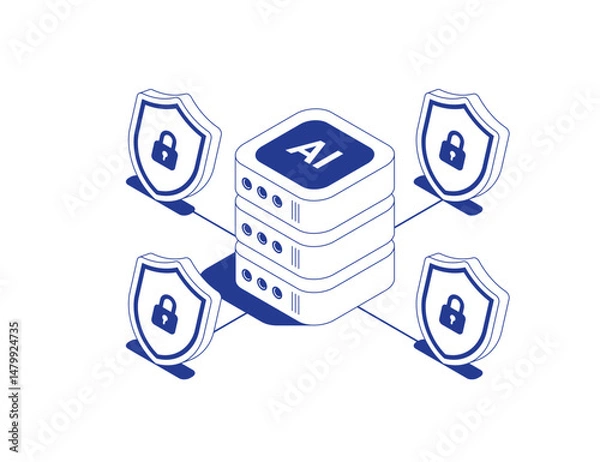 Fototapeta Secure AI server rack with protected data flows featuring shield and lock security symbols in isometric line contour vector illustration.