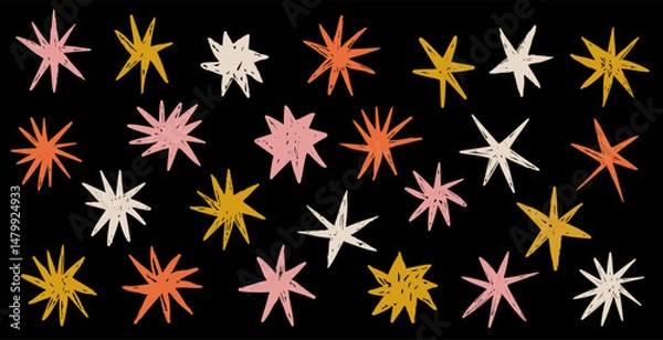 Obraz Crayon chalk hand drawn stars doodle elements collection. Retro vintage pencil sketches in grunge simple style. 