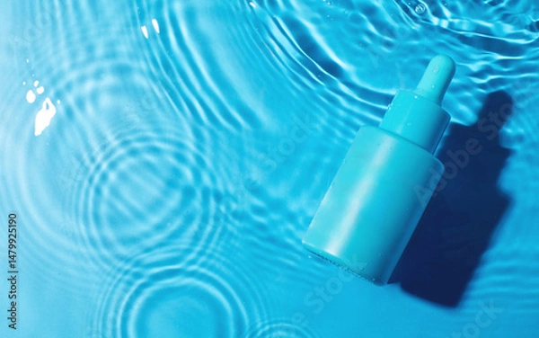 Obraz  Blue serum bottle on water surface. Face serum mockup. Beauty concept.