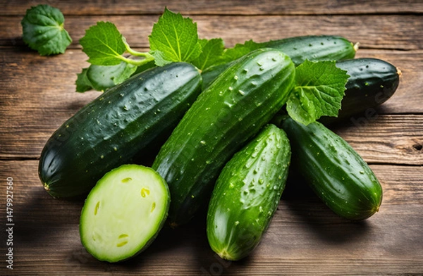 Fototapeta Fresh cucumbers freshly harvested from the garden, ready to be used in delicious dishes, highlighting their crisp texture and natural flavor for healthy meals.