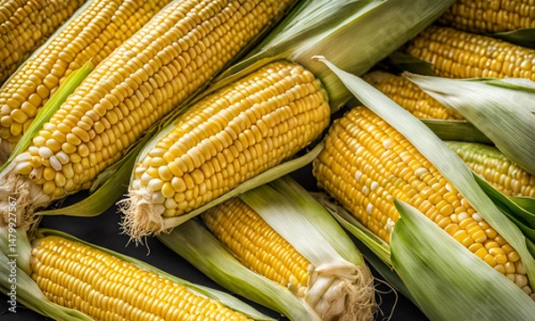 Fototapeta Freshly harvested ears of corn with husks, showcasing vibrant yellow kernels and crisp green coverings, embodying natural freshness and ideal for delicious.