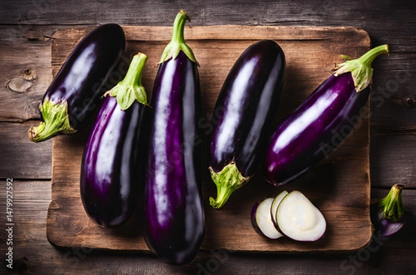 Fototapeta Purple eggplants placed on a chopping board, showcasing their smooth, glossy skin and vibrant color, ready to be sliced and used in delicious culinary creations.