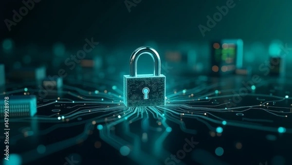 Fototapeta AI Cybersecurity Concept – Digital Lock and Hacking Threat in Modern Computer Systems
