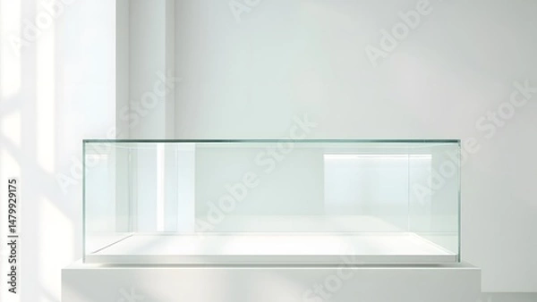 Fototapeta Transparent modern glass display case on white pedestal in bright minimalist gallery, natural light enhancing clean design
