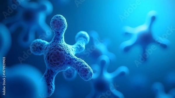Fototapeta Close-up of blue molecular structures, depicting intricate details of cellular biology in a vibrant, scientific environment.