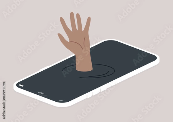 Obraz A hand emerges dramatically from the surface of a smartphone, creating a spooky visual metaphor for digital interaction and modern communication obsession