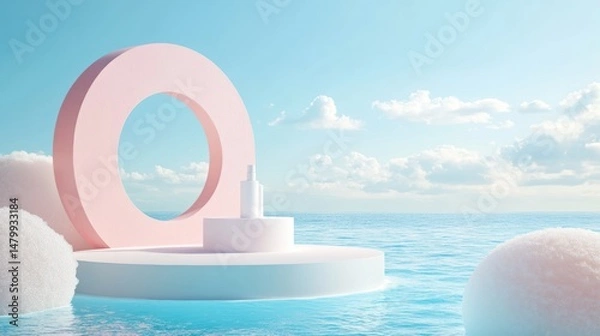Fototapeta Pastel-colored, floating podiums on a placid ocean, against a backdrop of light blue sky and puffy clouds