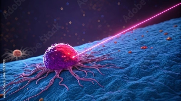 Fototapeta Microscopic View of Laser Targeted Cancer Cell Destruction with Surrounding Healthy Cells