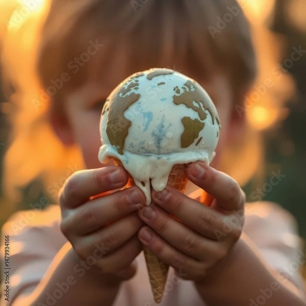 Obraz Holding the world with sweetness, a child's ice cream melts under the sun, highlighting climate anxiety and our planet's fragility
