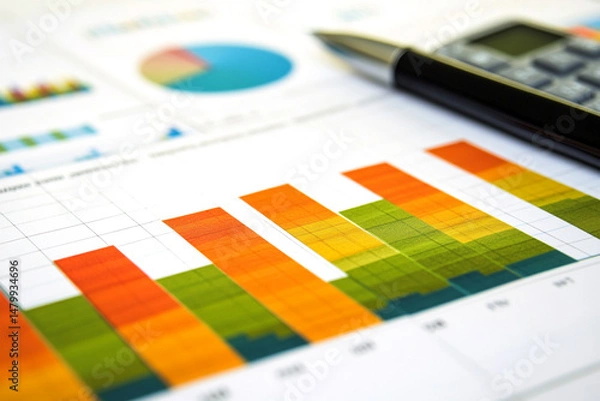 Fototapeta Colorful bar graphs charts and a pen on a financial report
