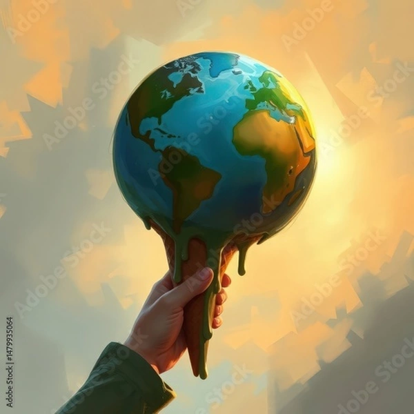 Obraz Urgency grows as a hand holds a melting earth symbolizing climate anxiety in a vivid sunrise glow