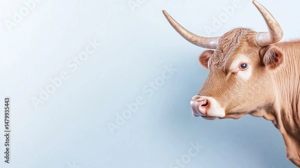 Obraz Close-up of a brown cow with curved horns and gentle expression against a light blue background, showcasing detailed fur texture and realistic features