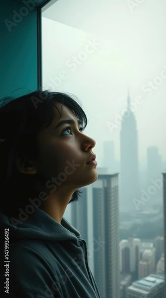 Obraz Reflective thoughts amidst the urban haze and looming climate concerns
