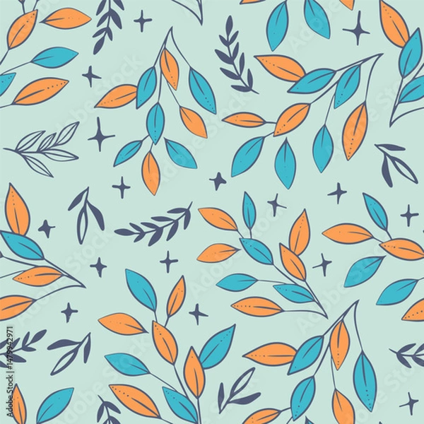 Fototapeta Leaves Modern Style with Stars Vector Seamless Pattern