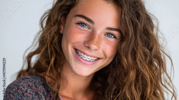 Obraz Close-up portrait of a smiling young woman with braces against white background