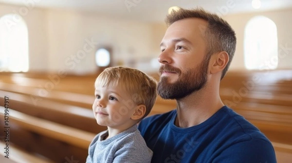 Obraz Father and son enjoying quality time together in a serene church setting during a calm afternoon