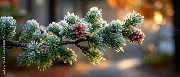 Obraz Frosted fir branch with cones glows softly