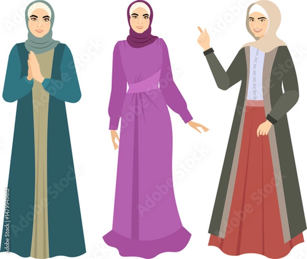 Obraz Muslim woman in hijab. Beautiful girls in different dresses. Modern Muslim women in traditional hijabs. Vector people. Color vector illustration